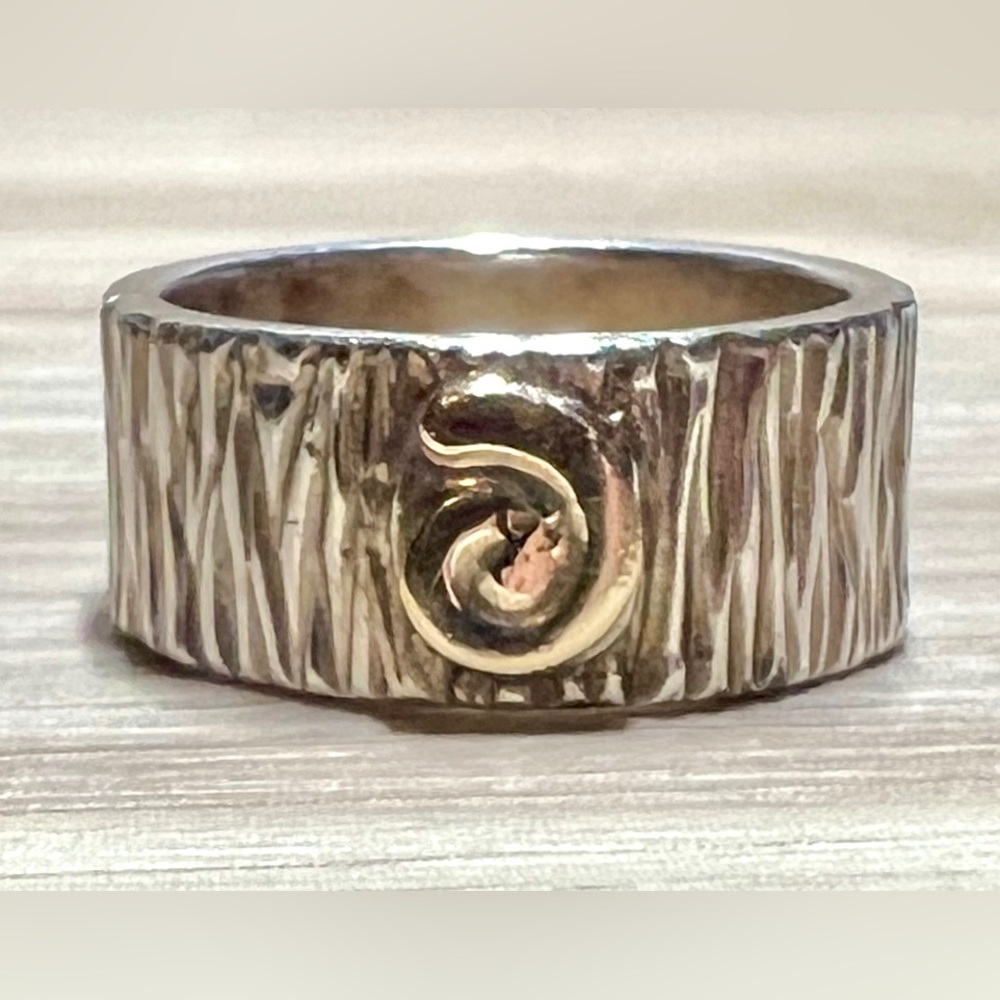 Vintage Artisan Designer MLP Sterling Silver & 14K Gold Swirl Band Ring, Size 6 - Picture 3 of 12